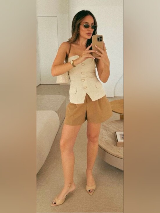 ANTONIO MELANI Pants - Antonio Melanie Linen Blend Kaki Tan Camel Shades With Pockets Tailored Short 8